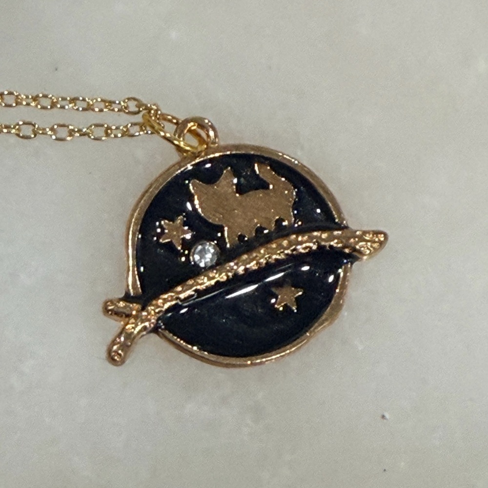 18” Gold-Tone Black Enamel Cat Pendant Necklace Stainless Steel